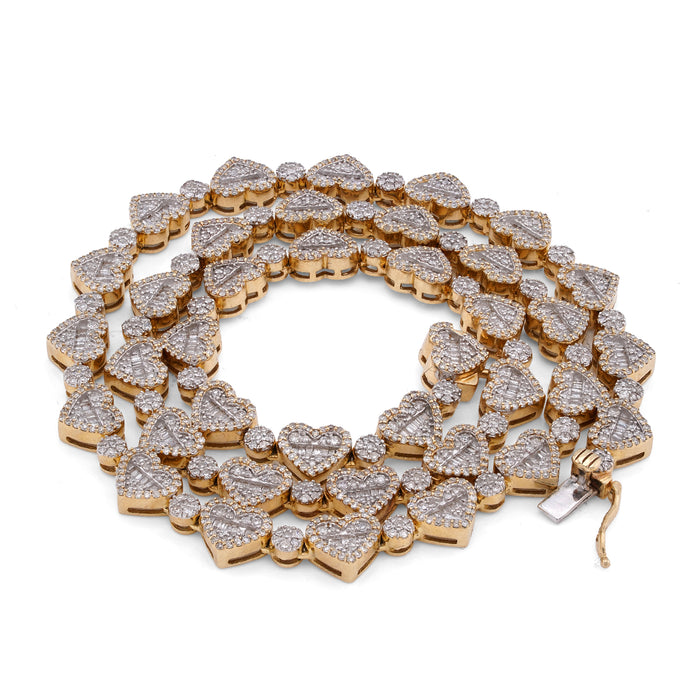 10K Yellow Gold Heart Shape Link Baguette 6.10CT Natural Diamond Women Tennis Chain 18" Necklace — view 1