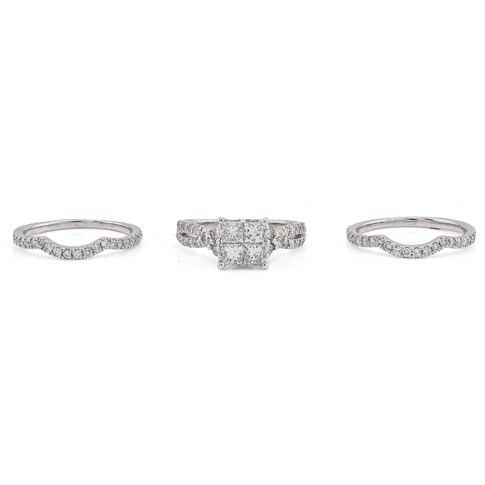 14K White Gold 1.50CT Natural Diamond Princess Cut/Round Square Shape Women 2 Band Wedding Ring — view 1