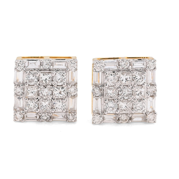 10K Yellow Gold 1.26CT Round/Baguette Natural Diamond Square Cluster Studs Men Women Earrings — view 1