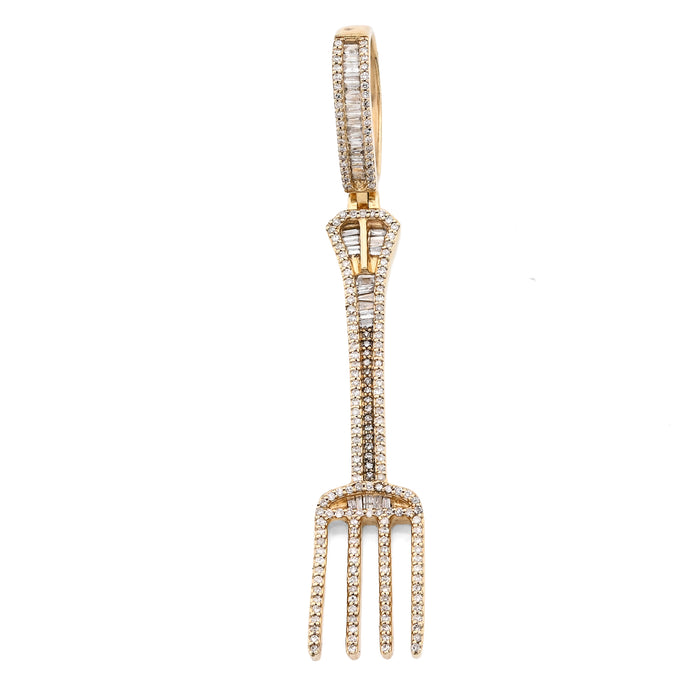 10K Yellow Gold 0.70Ct Natural Diamond Round/Baguette Fork Pendant 2.5" Men Women Pendant 7.8G — view 1