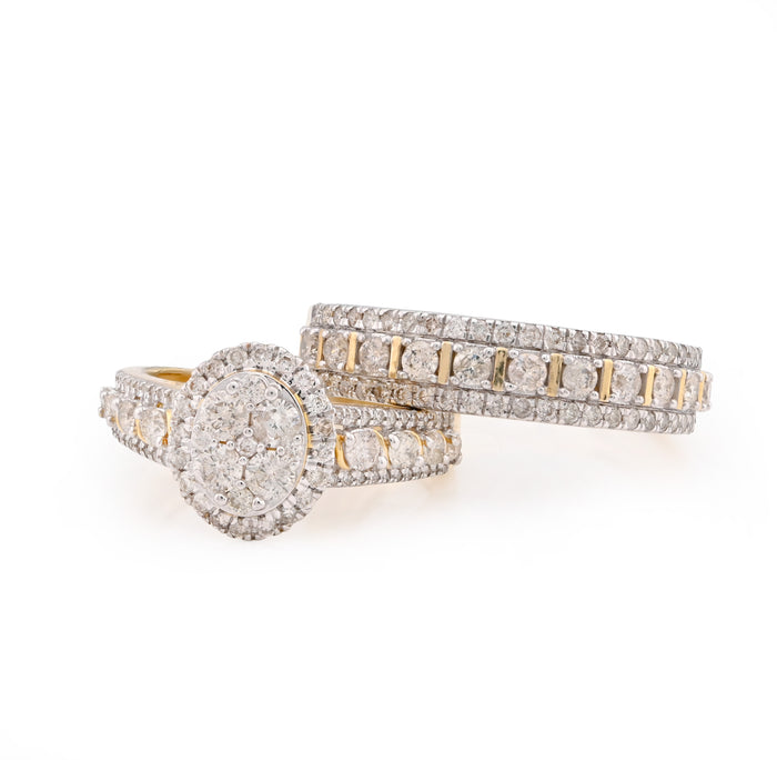 10K Yellow Gold 2CT Natural Diamond 2 Layer Oval Shape Round Men Women Wedding Ring Set — view 1