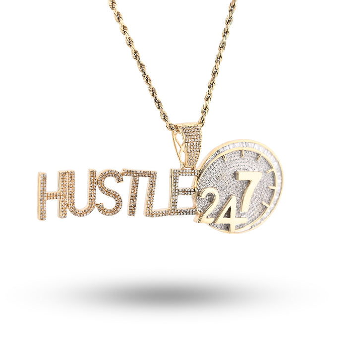 10K Yellow Gold 2CT Natural Baguette Diamond "HUSTLE 24/7" Custom Charm Men Pendant — view 1
