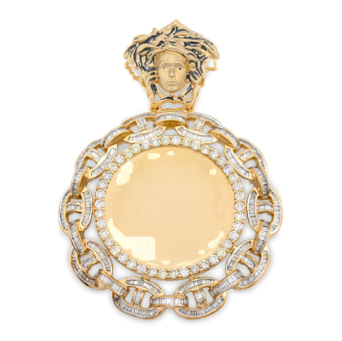 10K Yellow Gold Baguette Cuban Link Medusa 4.18CT Natural Diamond Memory Picture Pendant Men Women Charm — view 1