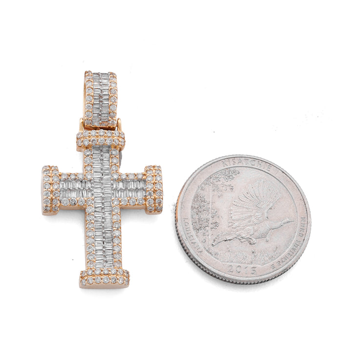 Cross Charm Baguette/ Round 1.55ct Natural Diamond 10K Gold Men Women Pendant
