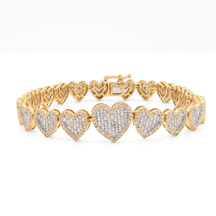 10K yellow Gold 3CT Natural Diamond Baguette/Round Heart Shape Women 7.5" 12MM Tennis Bracelet — view 1