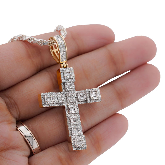 10K Yellow Gold 3CT Natural Diamond Baguette Cross Pendant Men Women Charm — view 1