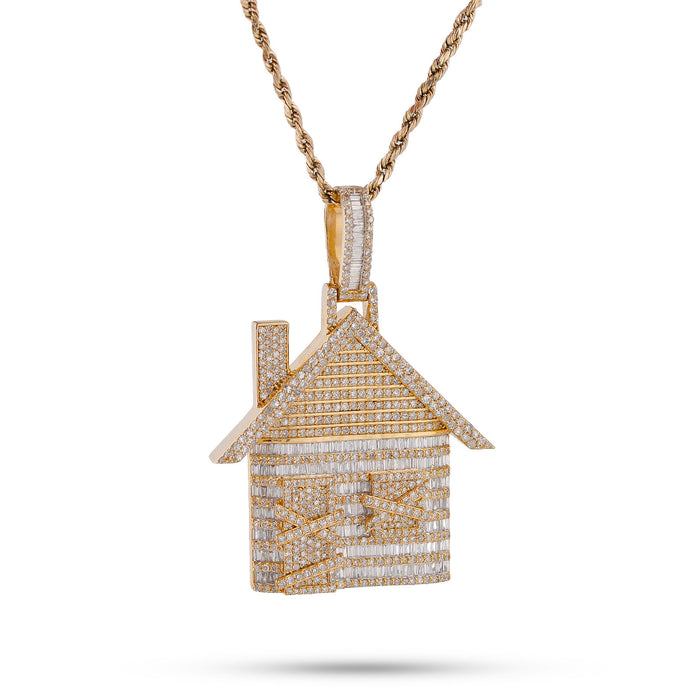 10K Yellow Gold Trap House Round/Baguette 9CT Natural Diamond Charm Pendant — view 1