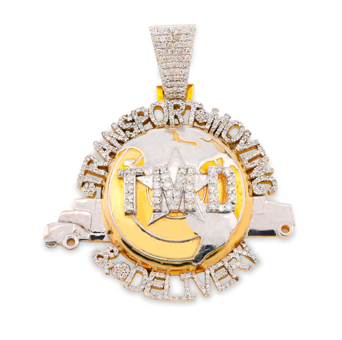 10K Yellow Gold "Transport, Moving & Delivery" Globe Truck 2CT Natural Diamond Men Pendant Charm — view 1