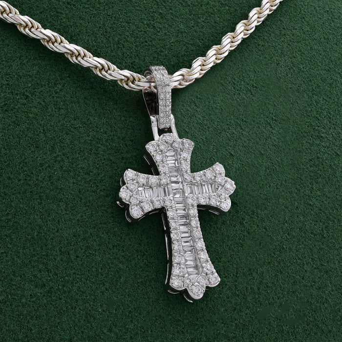 Budded Cross Pendant 1.05CT Lab Diamond Baguettes Men Women Charm — view 1