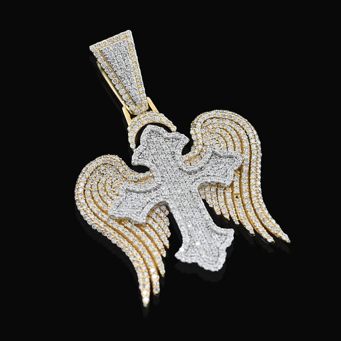 10K Yellow & WHite Gold 2 Tone 4.3CT Natural Diamond 3D angelic wing Cross 2.25" Men Women Charm — view 1