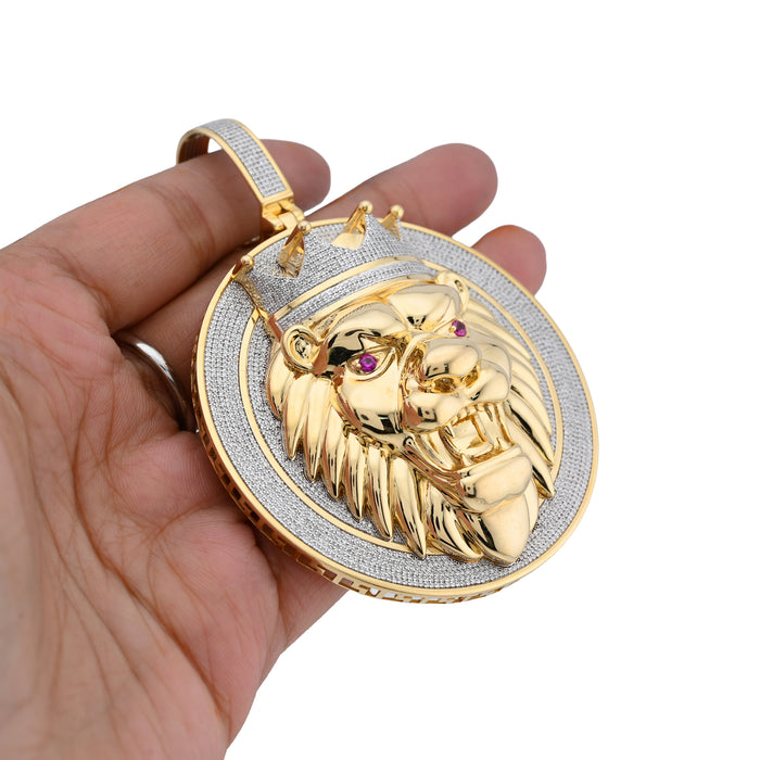 10K Yellow Gold 3 CT natural Diamond Lion Face Crown Round Shape 89.2 MM Pendant Men Charm 43.6 g — view 1