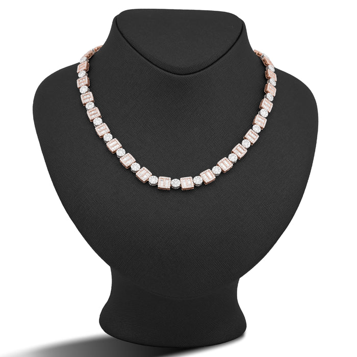 10K Rose/White Gold Square Round Link Natural Round/Baguette Diamond Men Women Tennis Chain — view 1