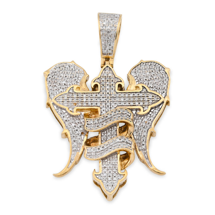 10K Yellow Gold Cross with Angel Wings 0.83CT Natural Diamond Charm Men Women Pendant — view 1