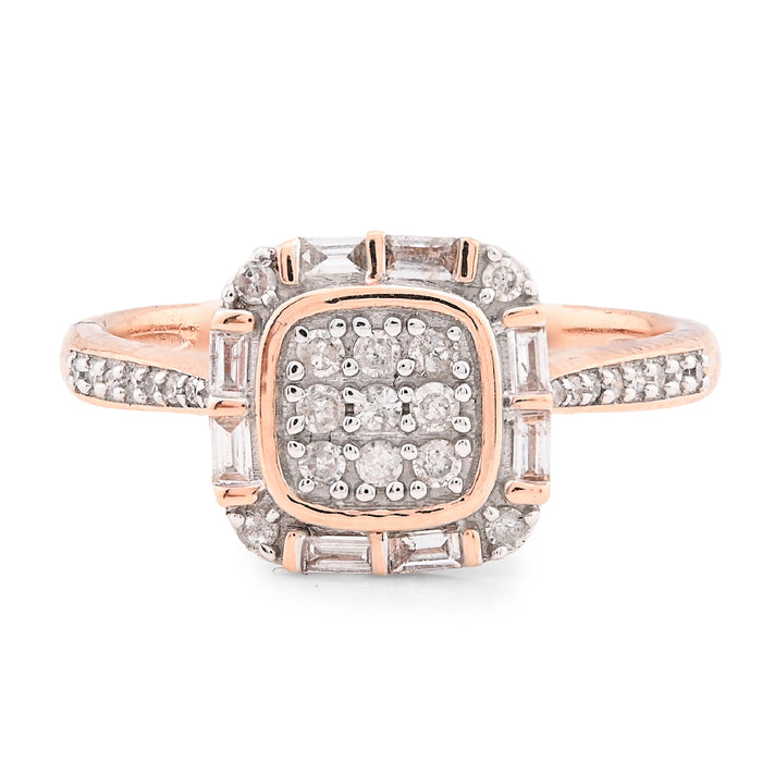 10K Rose Gold Women Square Natural Diamond 0.33CT Round/Baguette Ring — view 1