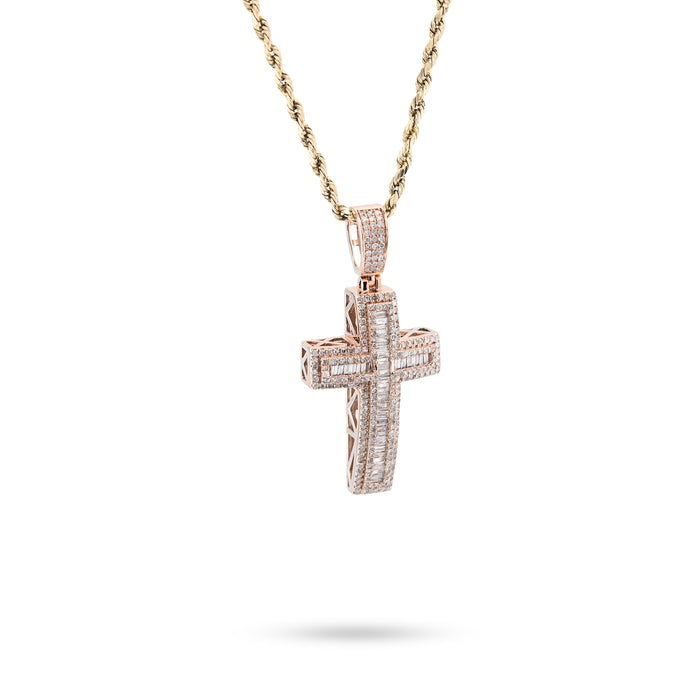 10K Rose Gold 2 CT Round & Baguette Natural Diamond Cross Religious Pendant 5.9 g Men Charm — view 2