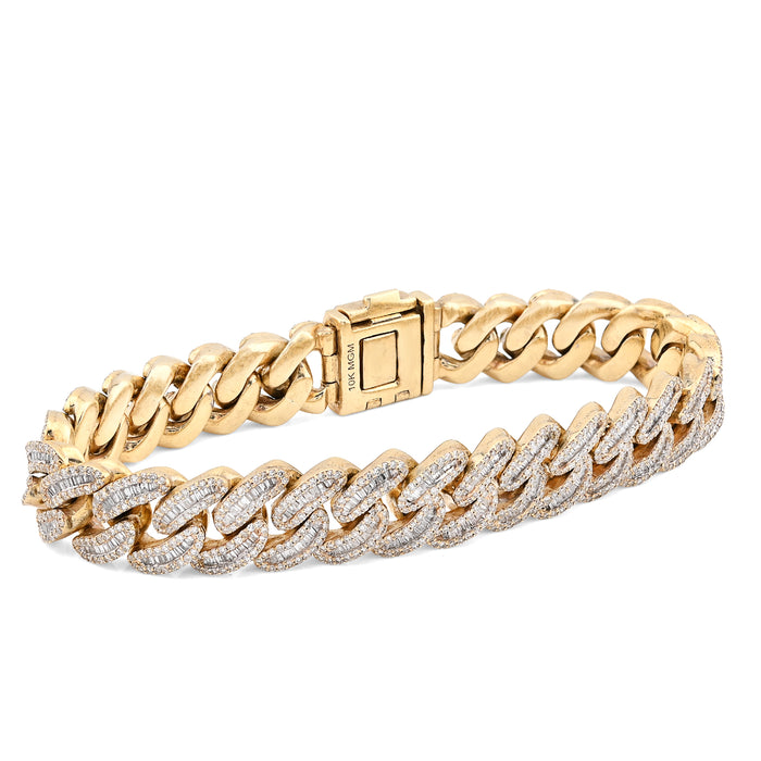 10K yellow Gold 8CT Natural Diamond Round/Baguette 11.5MM Cuban Link Bracelet 8" Men 70.2g — view 1
