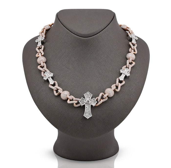 10K Rose/White Gold 2 Tone 28CT Natural Diamond ROund/Baguette Cross & Infinity Link Chain 22" Necklace — view 1