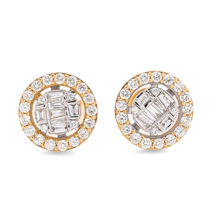 10K Yellow Gold 1.03CT Round/Baguette Natural Diamond Cluster Round Shape Earrings Men Women Studs — view 1