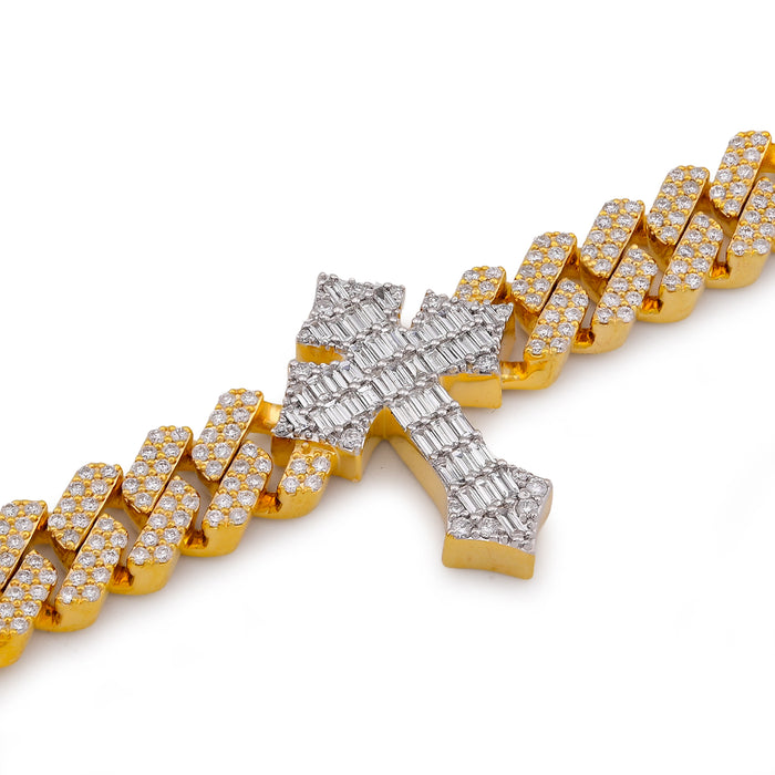 Prong Set Cuban Cross Link Natural Diamond Baguette/Round 5.49CT 10K Gold Bracelet 8" — view 1