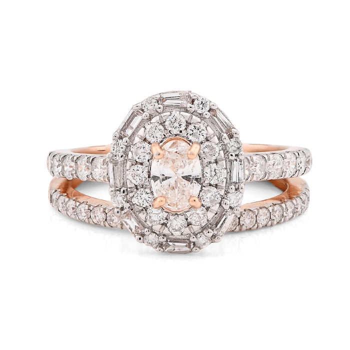 14K Rose Gold Oval Solitaire & Baguette 1.25CT Natural Diamond Bridal WOmen RIng — view 1