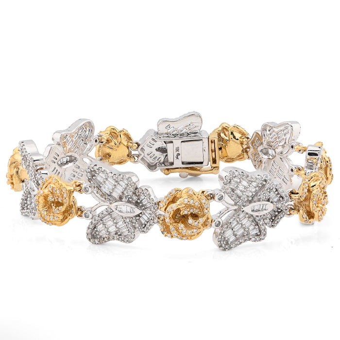 10K Yellow/White Gold 2.6CT Natural Diamond Baguette/Round Butterfly & Flower Link Women 7" Bracelet 26.7g — view 1