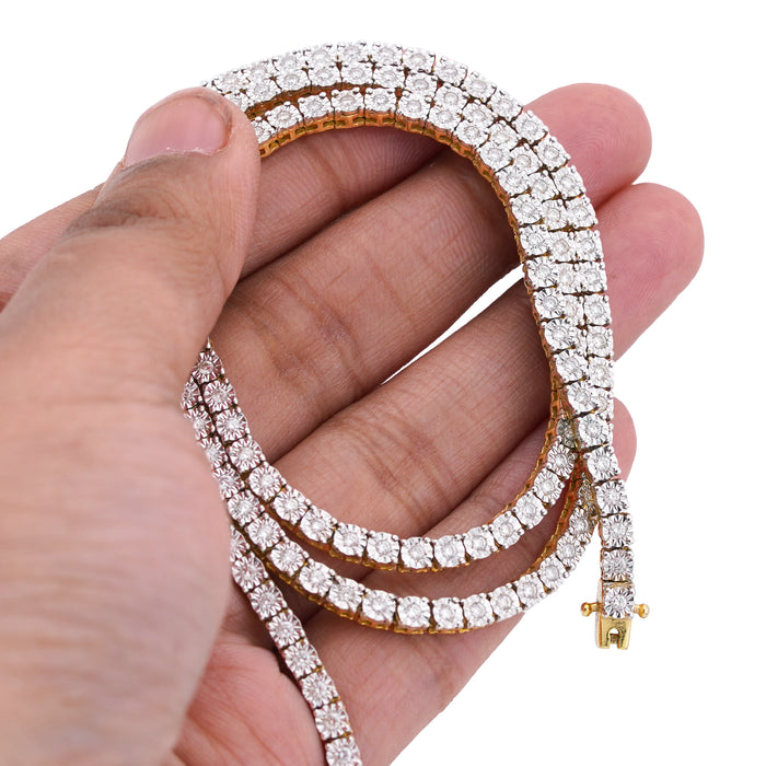 10K Yellow Gold 3CT Natural Diamond 3MM Illusion Tennis Chain 20" Men Women Necklace — view 1