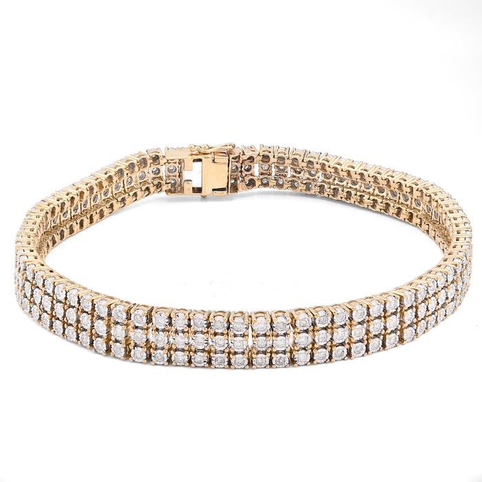 10K Yellow Gold 3 Row 4CT Natural Diamond 9" Men Women 8.5MM Tennis Bracelet — view 1