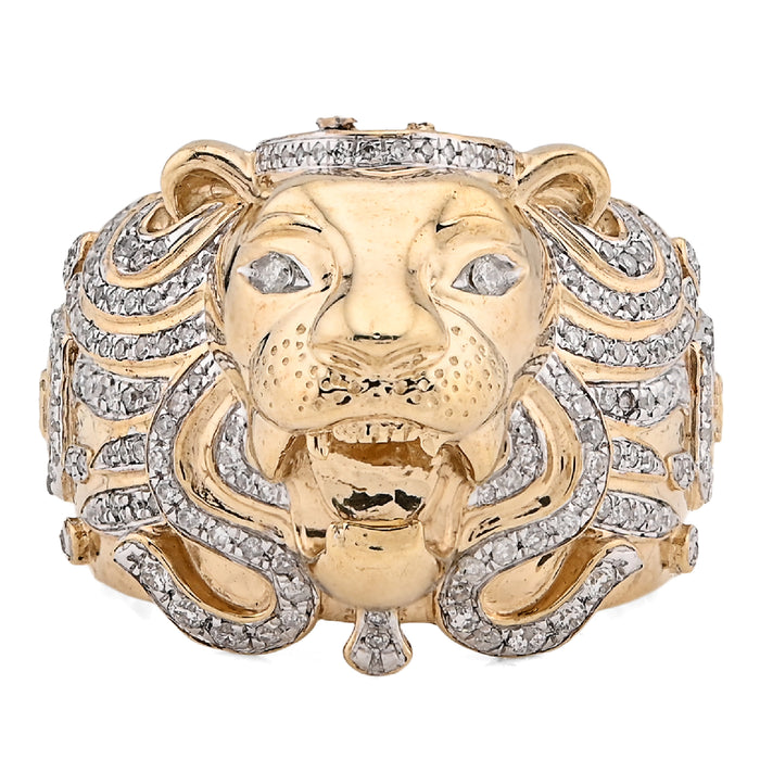 10K Yellow Gold 0.75CT Natural Diamond RoaRing Lion Head Men Pinky Ring — view 1