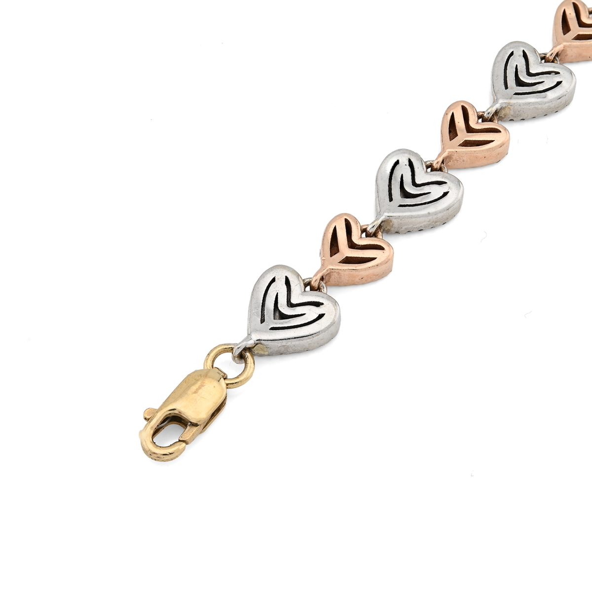 10K Yellow, White & Rose Gold 3 Tone 2CT Natural Diamond Heart Bracelet — view 6
