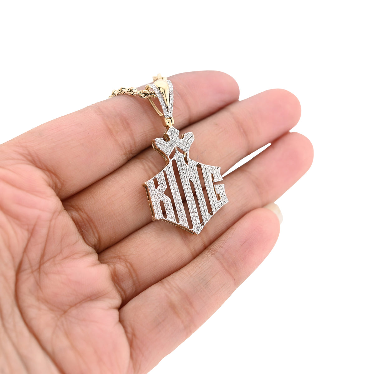 10K Yellow Gold Men "King" Charm 0.50Ct Natural Diamond Crown Pendant 1.6" — view 4