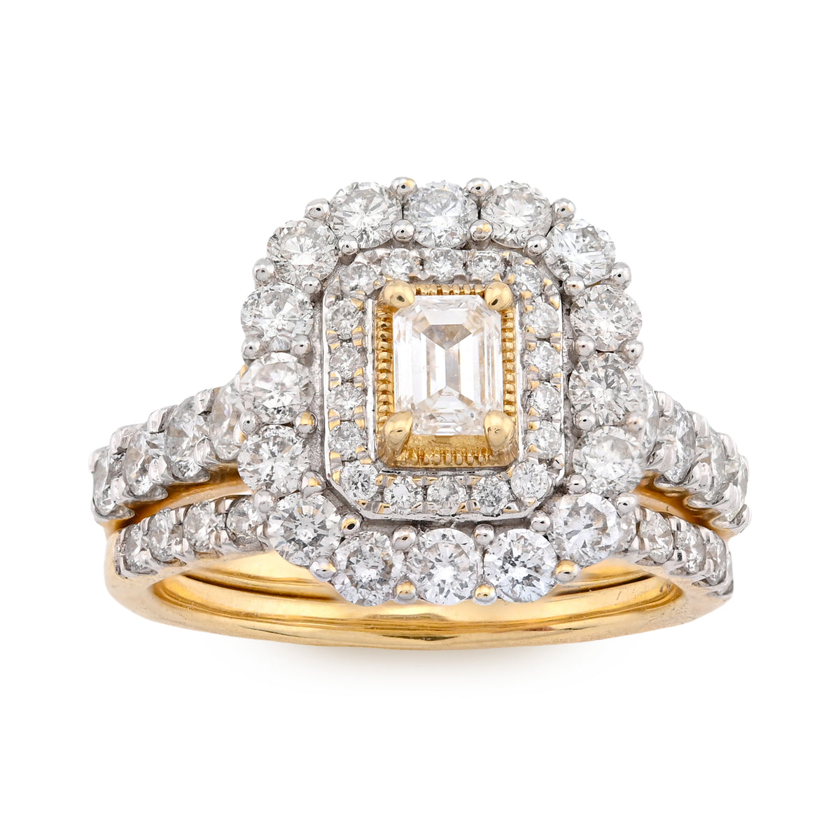 10K Yellow Gold 2CT Natural Diamond Rectangular Flower Setting Emerald Centre Women Wedding Ring — view 5