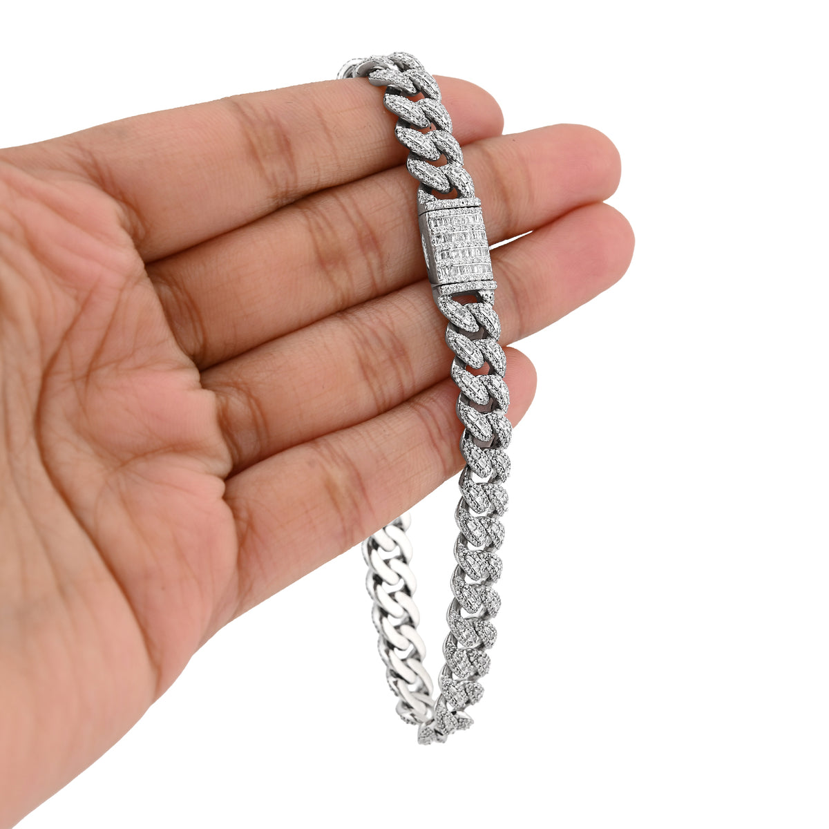 10K White Gold 3.90CT Natural Diamond Round/Baguette 8.5MM Cuban Link Bracelet Men 7.5" — view 1