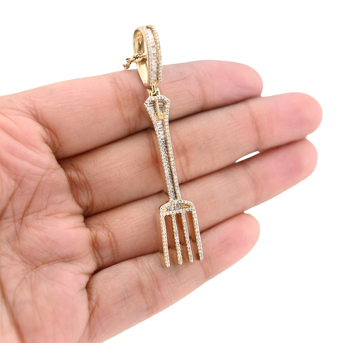 10K Yellow Gold 0.70Ct Natural Diamond Round/Baguette Fork Pendant 2.5" Men Women Pendant 7.8G — view 4