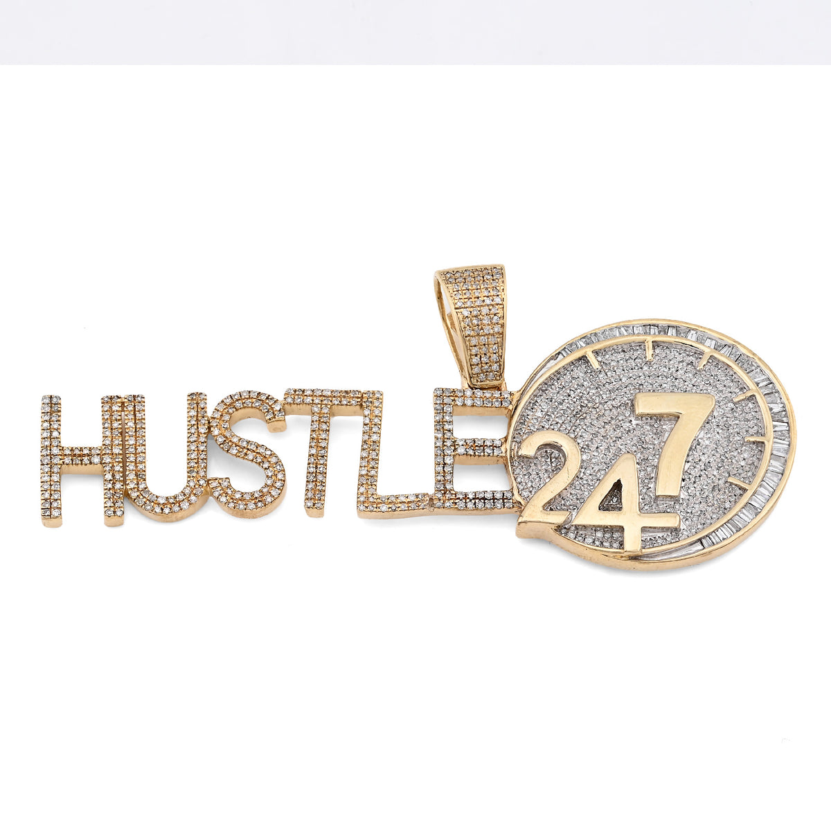 10K Yellow Gold 2CT Natural Baguette Diamond "HUSTLE 24/7" Custom Charm Men Pendant — view 2