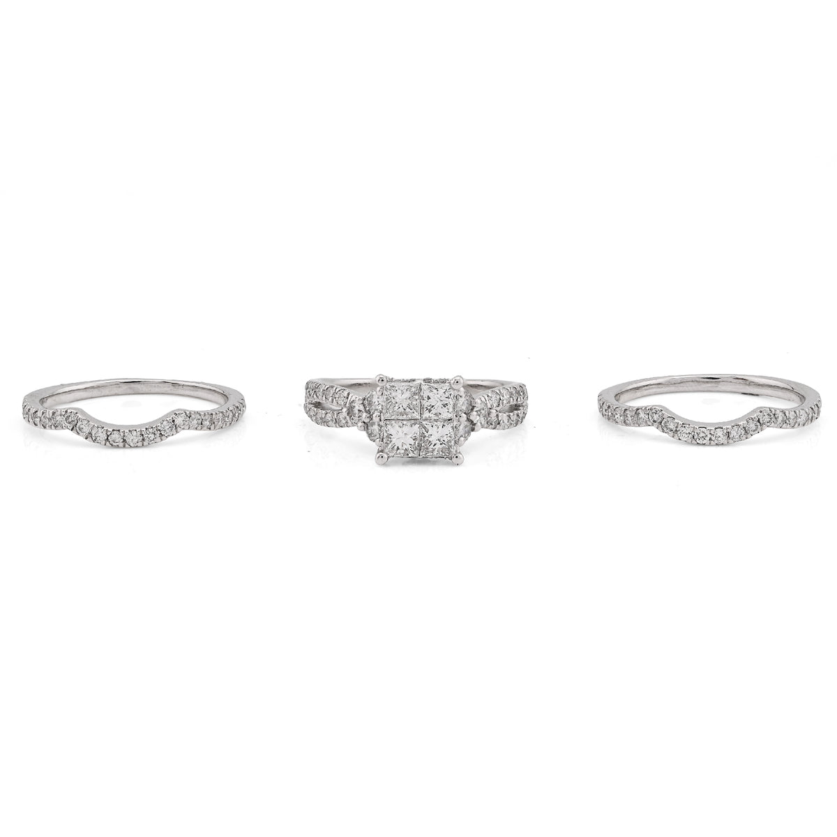 14K White Gold 1.50CT Natural Diamond Princess Cut/Round Square Shape Women 2 Band Wedding Ring — view 1