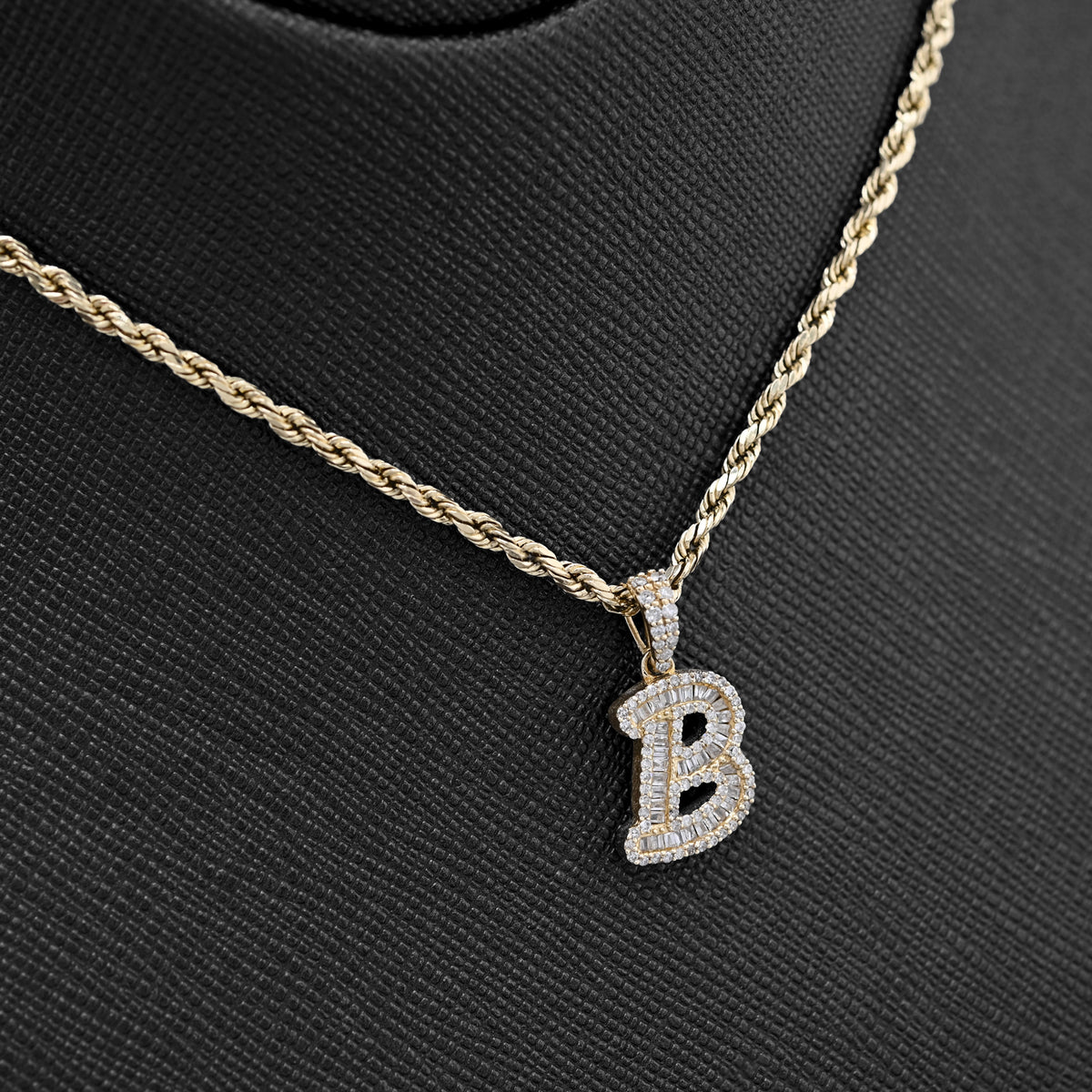 10K Yellow Gold 3/8 CTW Natural Diamond "B" Initial Pendant Round/Baguette Diamond CHarm — view 6