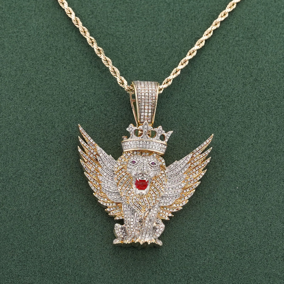 10K Yellow Gold Lion w/ Wings & Crown 4.89CT Natural Diamond Charm — view 1