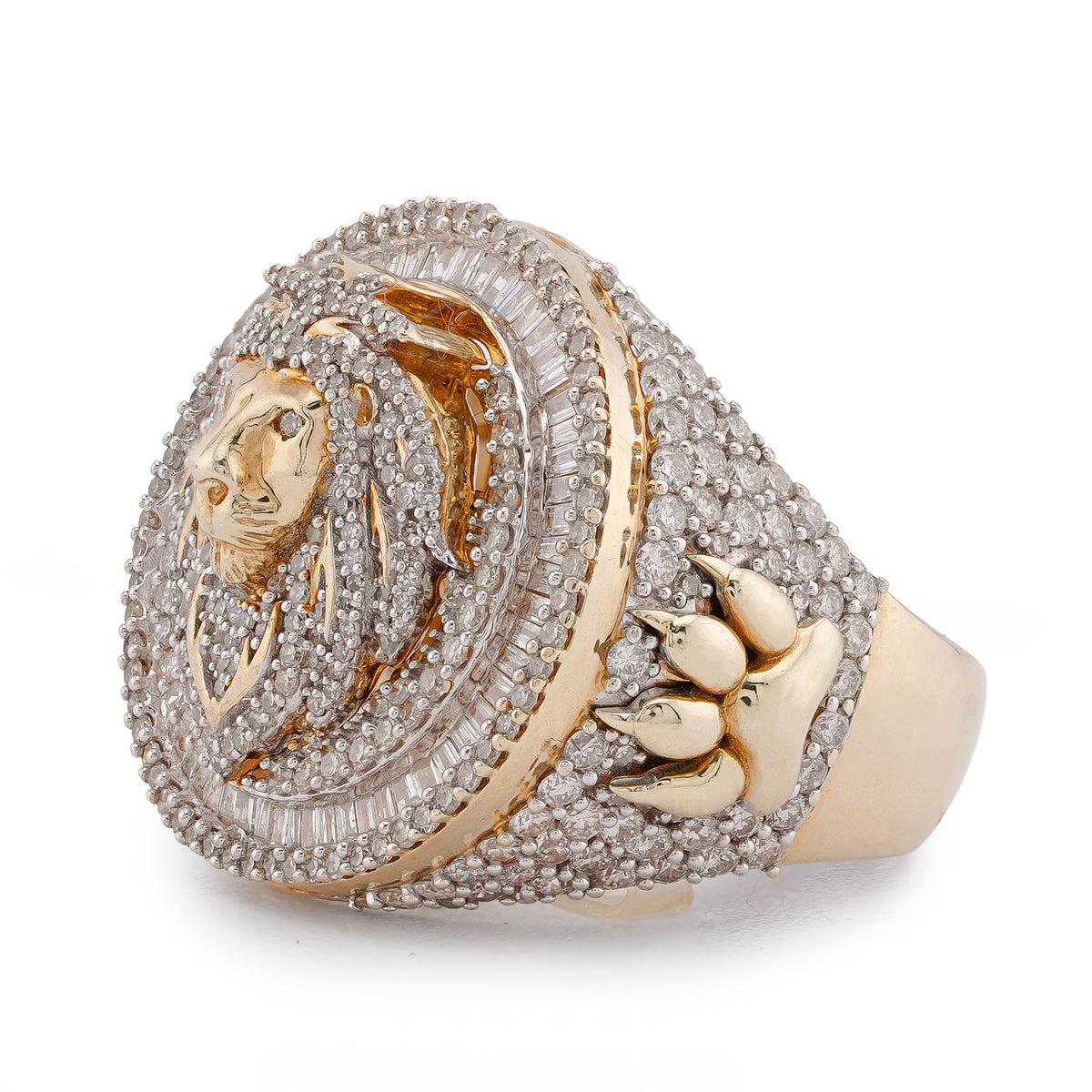 10K Yellow Gold 2.98CT Round/Baguette Natural Diamond Lion Head/Paws Round Shape Men Pinky Ring — view 2