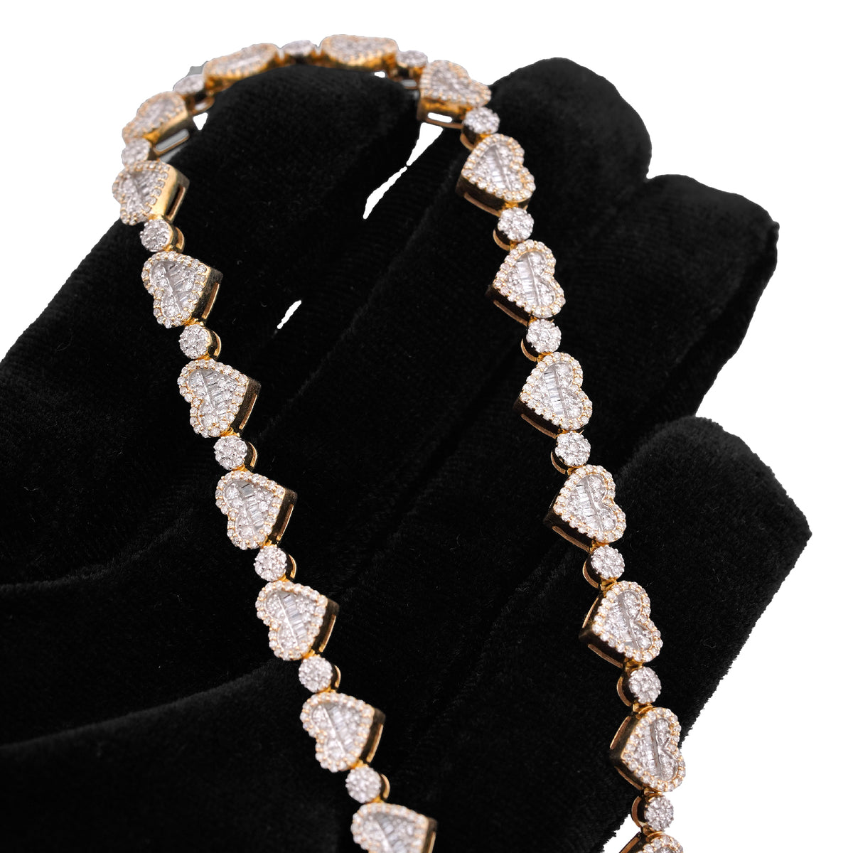 10K Yellow Gold Heart Shape Link Baguette 6.10CT Natural Diamond Women Tennis Chain 18" Necklace — view 7