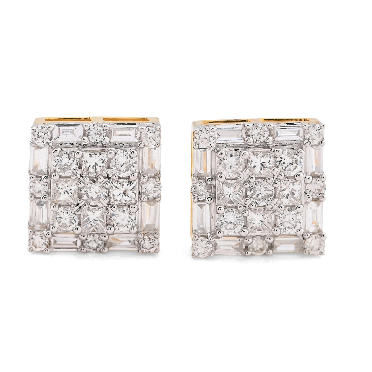 10K Yellow Gold 1.26CT Round/Baguette Natural Diamond Square Cluster Studs Men Women Earrings — view 1