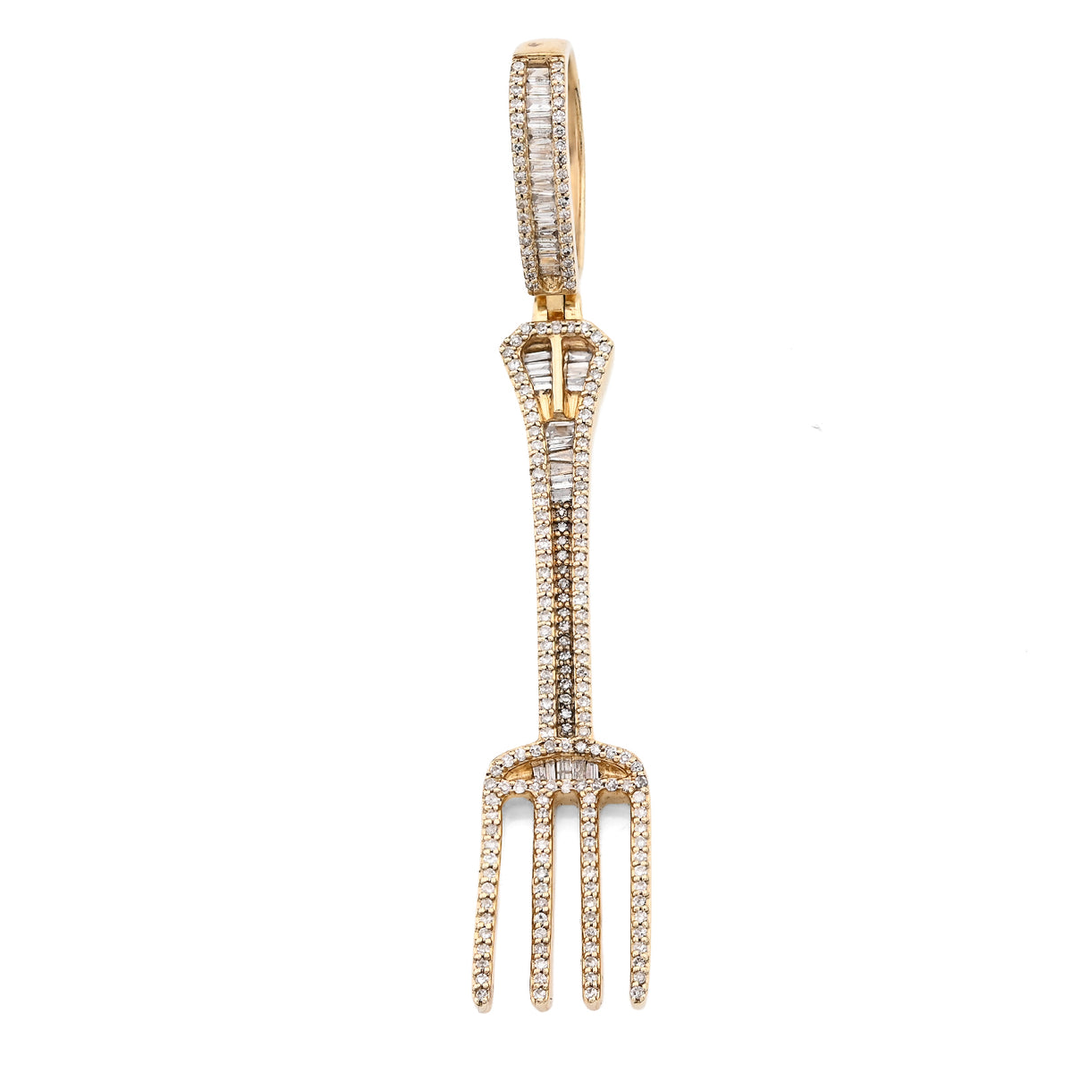 10K Yellow Gold 0.70Ct Natural Diamond Round/Baguette Fork Pendant 2.5" Men Women Pendant 7.8G — view 1