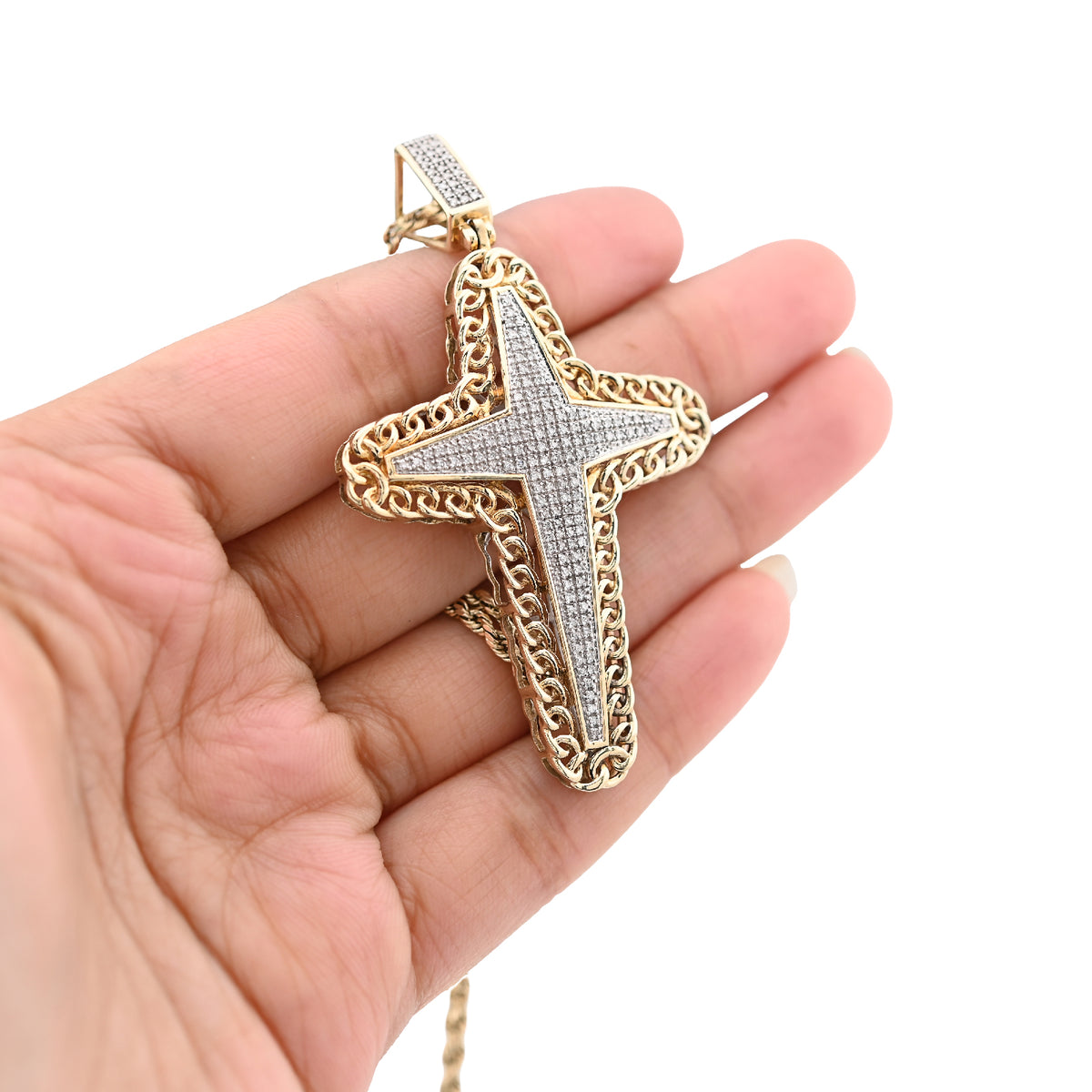 10K Yellow Gold 0.50Ct Natural Diamond Chain Link Edge Cross Religious Men Charm Women Pendant — view 4