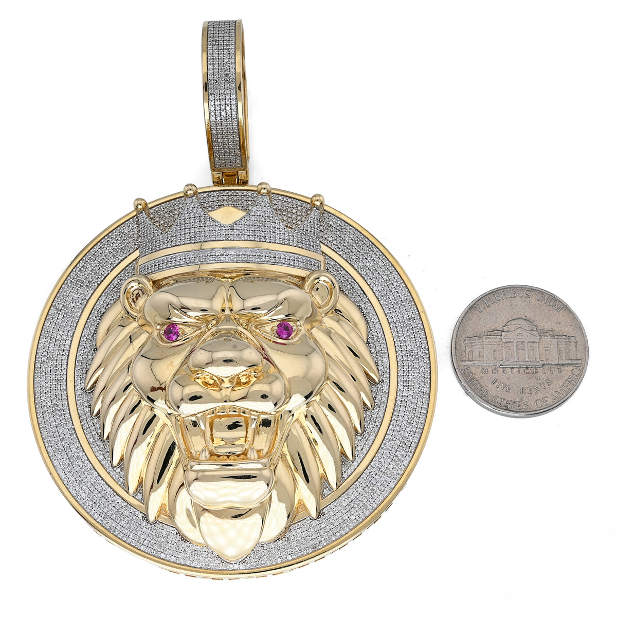 10K Yellow Gold 3 CT natural Diamond Lion Face Crown Round Shape 89.2 MM Pendant Men Charm 43.6 g — view 6