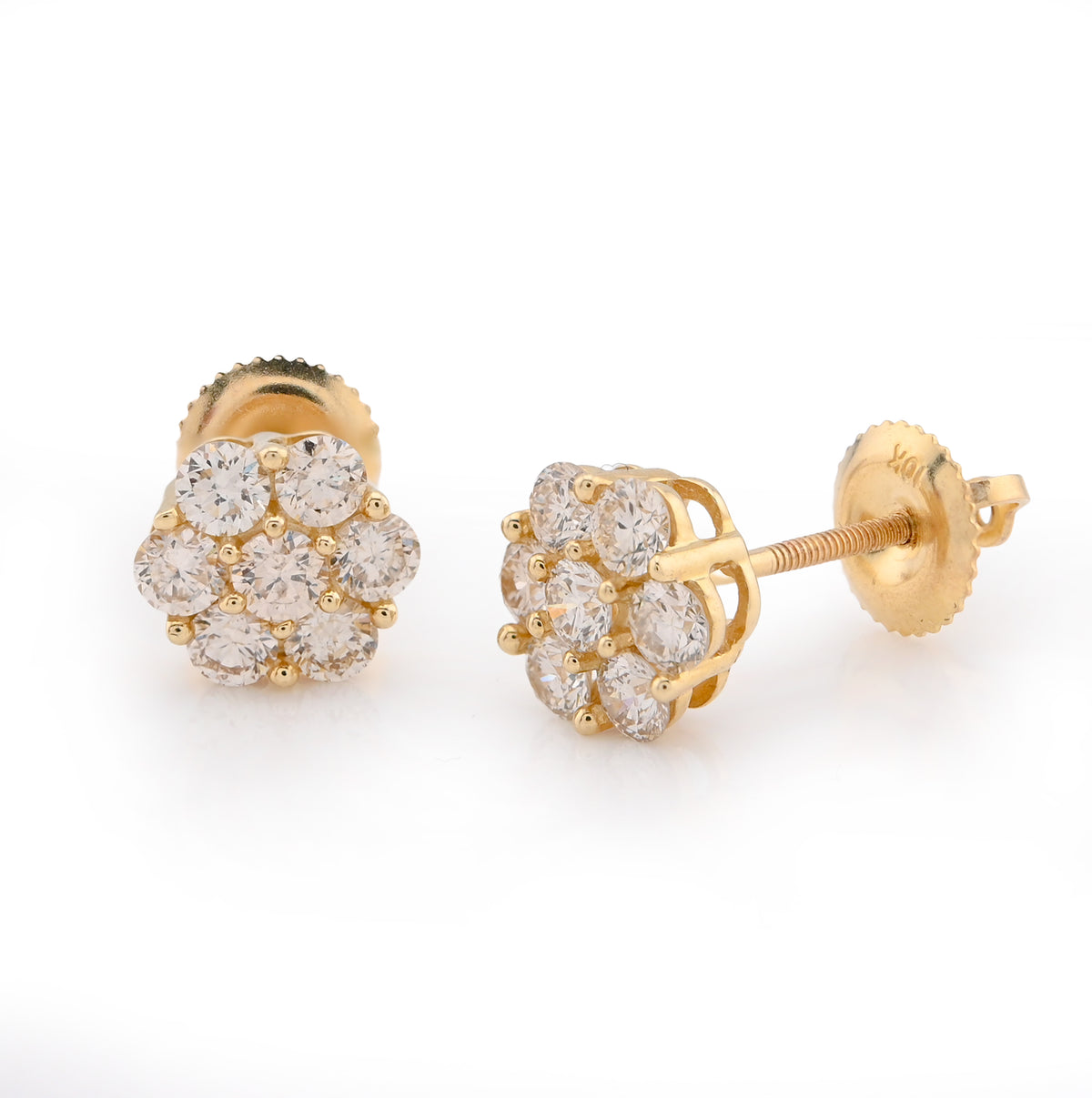 10K Yellow Gold 1CT Natural Diamond 7 Stone Flower Studs Men Women Earrings — view 3