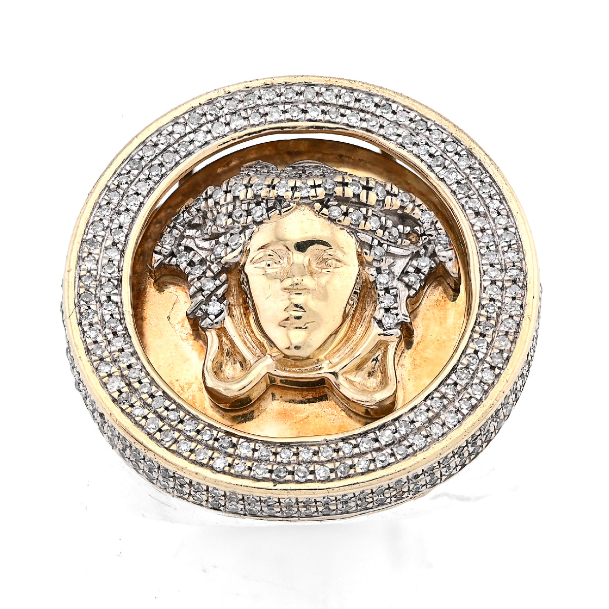 10K Yellow Gold Round Medusa Face 1CT Natural Diamond Men Pinky Ring — view 2