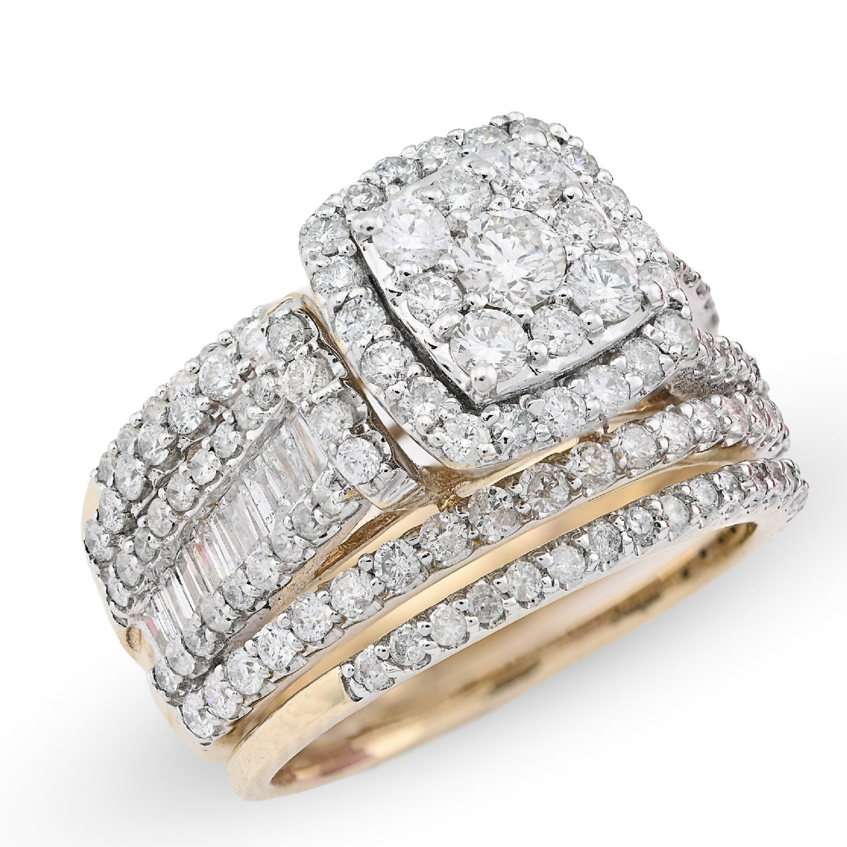 14K yellow Gold Round/Baguette 2.10CT Natural Diamond 3 band Square centre Women Wedding Ring Band — view 3
