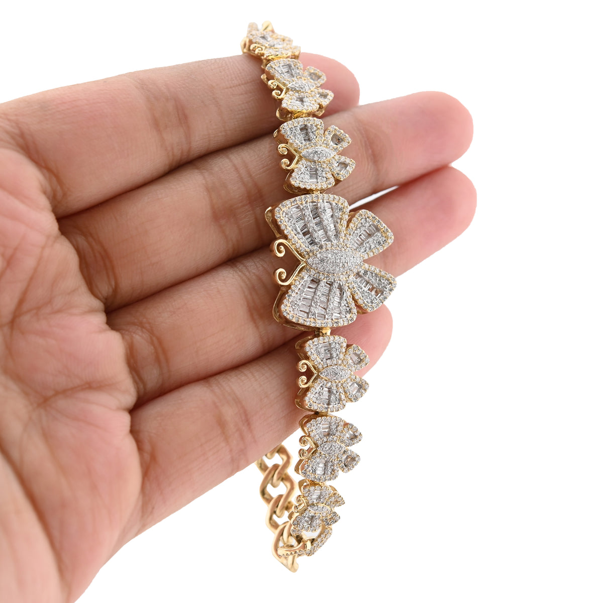 10K Yellow gold 3.45CT Natural Diamond Baguette/Round Butterfly and Cuban Link Bracelet Women 7" — view 5
