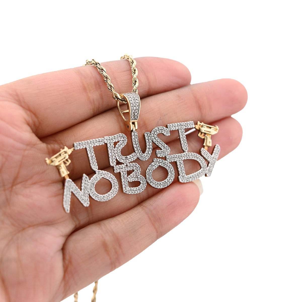 10K Yellow Gold 1.10Ct Natural Diamond "Trust Nobody" Gun Men Pendant Women 2.5" Charm — view 4