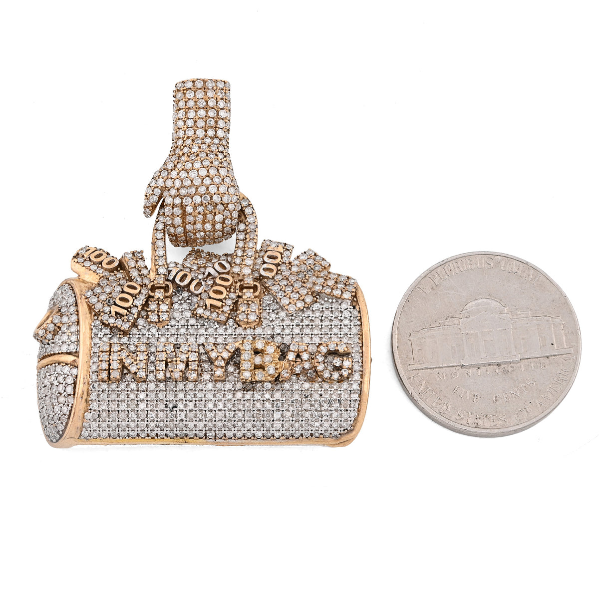 10K Yellow Gold 5CT Natural Diamond "IN MY BAG" Women Purse Hand Bail Pendant — view 8