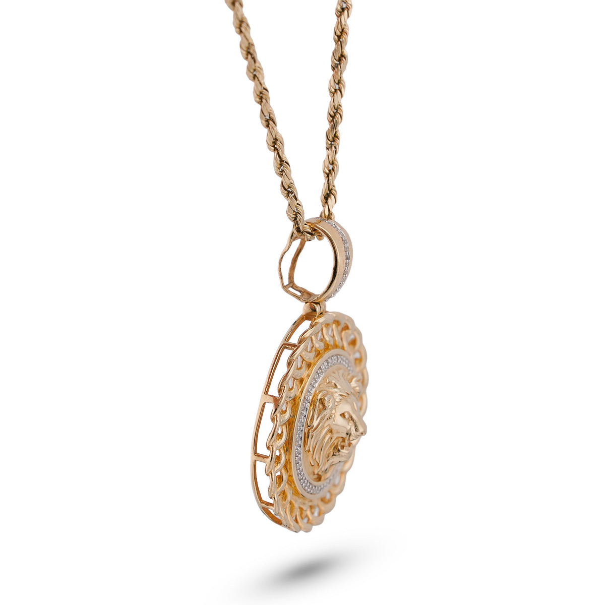 10K Yellow Gold 0.5CT Natural Diamond Lion with Cuban Link Round Charm Men Pendant — view 2